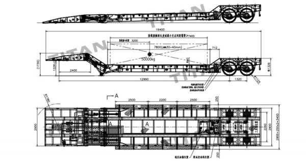 Drawing of 2 Axle 50 Ton Folding Gooseneck Lowboy Trailer