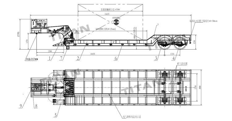 Drawing of 2 Axle 40 Ton Removable Gooseneck Lowboy Trailer for Sale