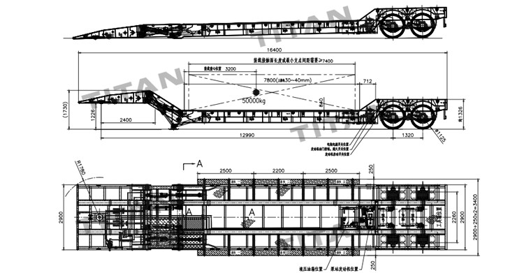 Drawing of 2 Axle 50 Ton Folding Gooseneck Lowboy Trailer