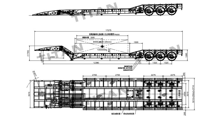 Drawing of 3 Axle 120 Ton Folding Gooseneck Lowboy Trailer