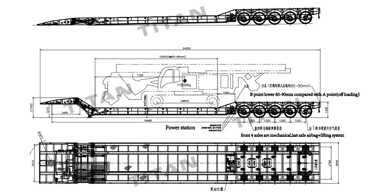 Drawing of 5 Axle 150 Ton Folding Gooseneck Low Bed Trailer